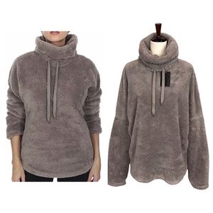 BSP Sherpa Drawstring Cowl Neck Furry Plush Pullover